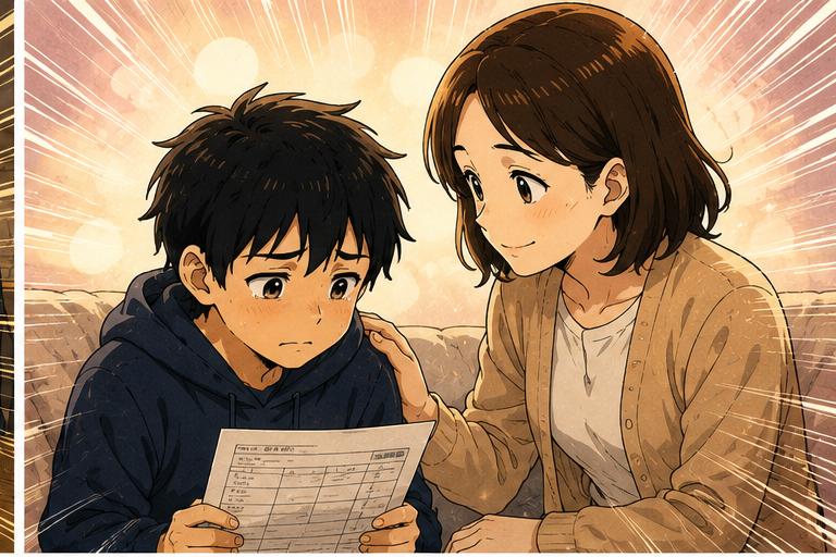 通知表を見る親子